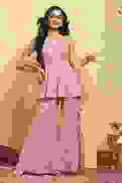 Peach Polyester Embroidered Straight Sharara Suit Set image number 0