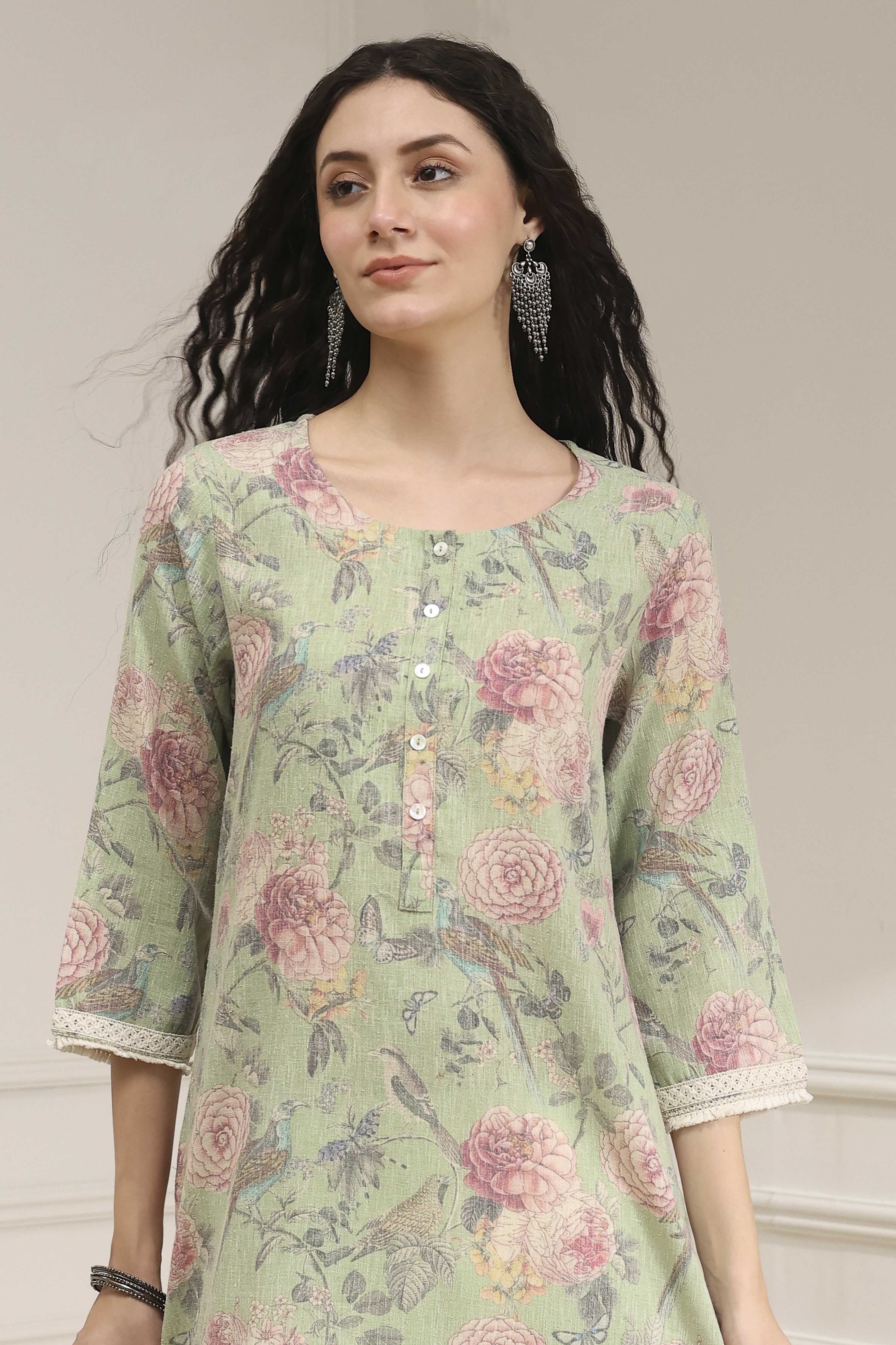 Light Green Cotton Blend Printed Straight Kurta image number 1