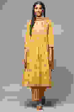 Yellow Cotton Gathered Kurta Palazzo Suit Set image number 6