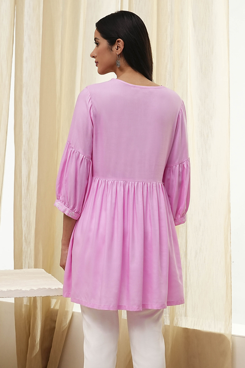 Pink Solid Flared Short Kurta image number 3