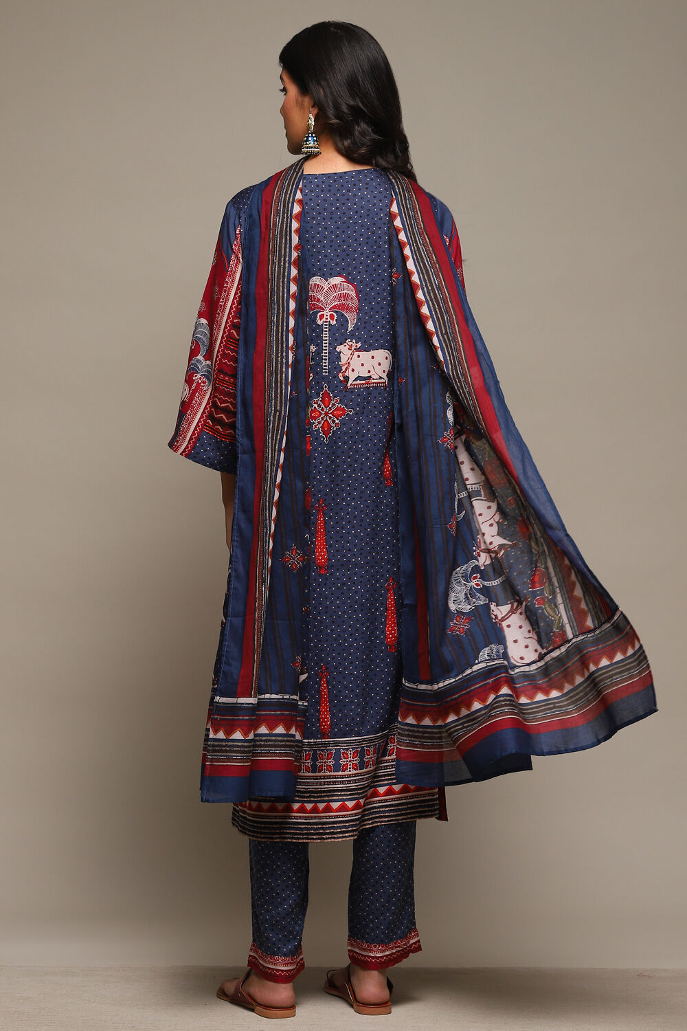 Indigo & Red Rayon Straight Kurta Pants Suit Set image number 4