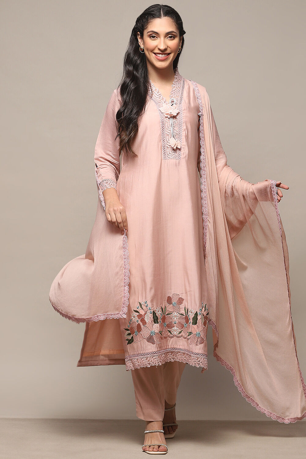 Pink Muslin Unstitched Suit Set image number 1