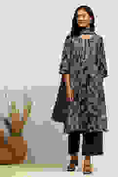 Black Modal Printed Gathered Suit Set image number 6