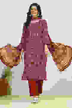 Red Cotton Printed Embroidered Unstitched Suit Set image number 1