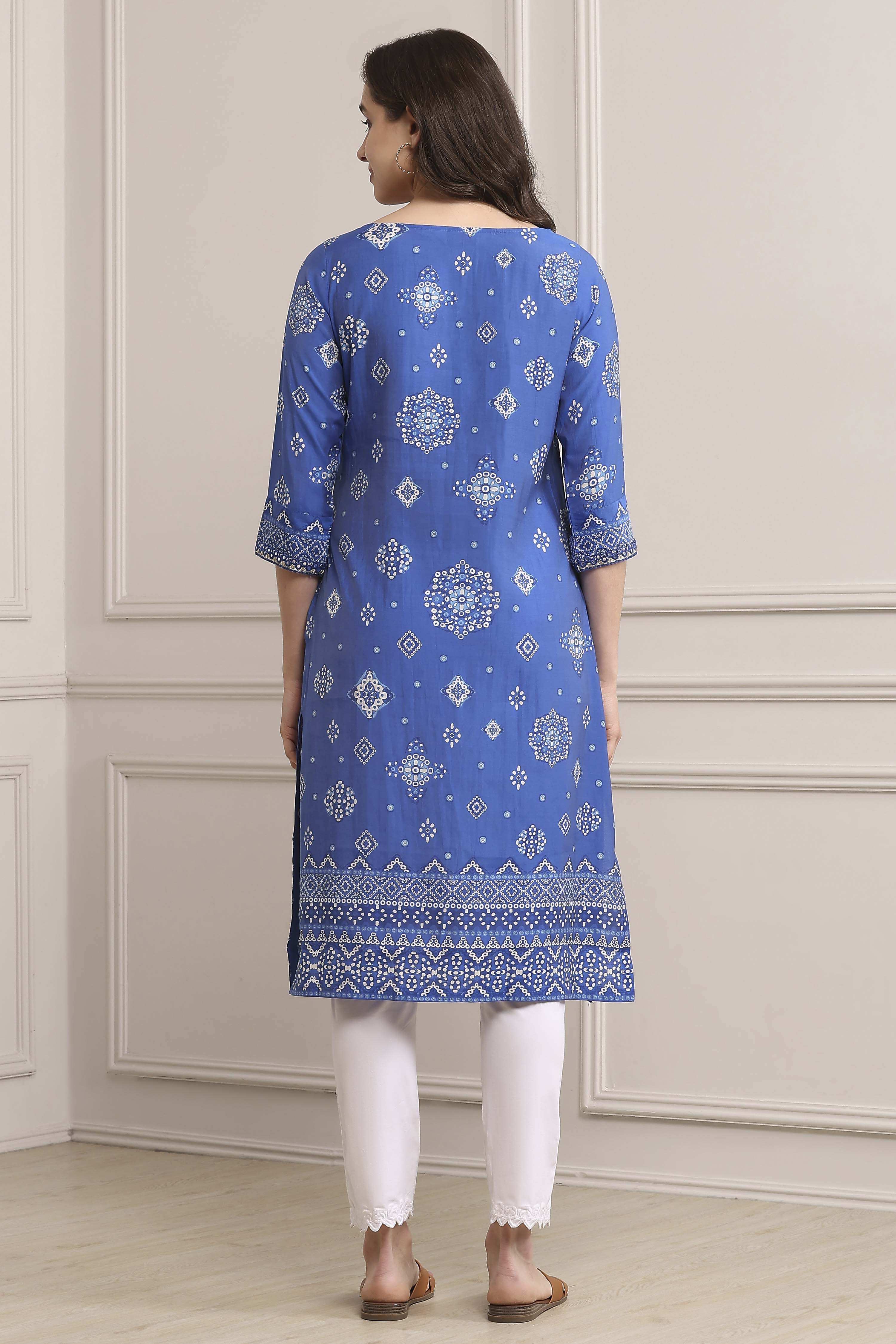 Royal Blue Rayon Straight Printed Kurta image number 3