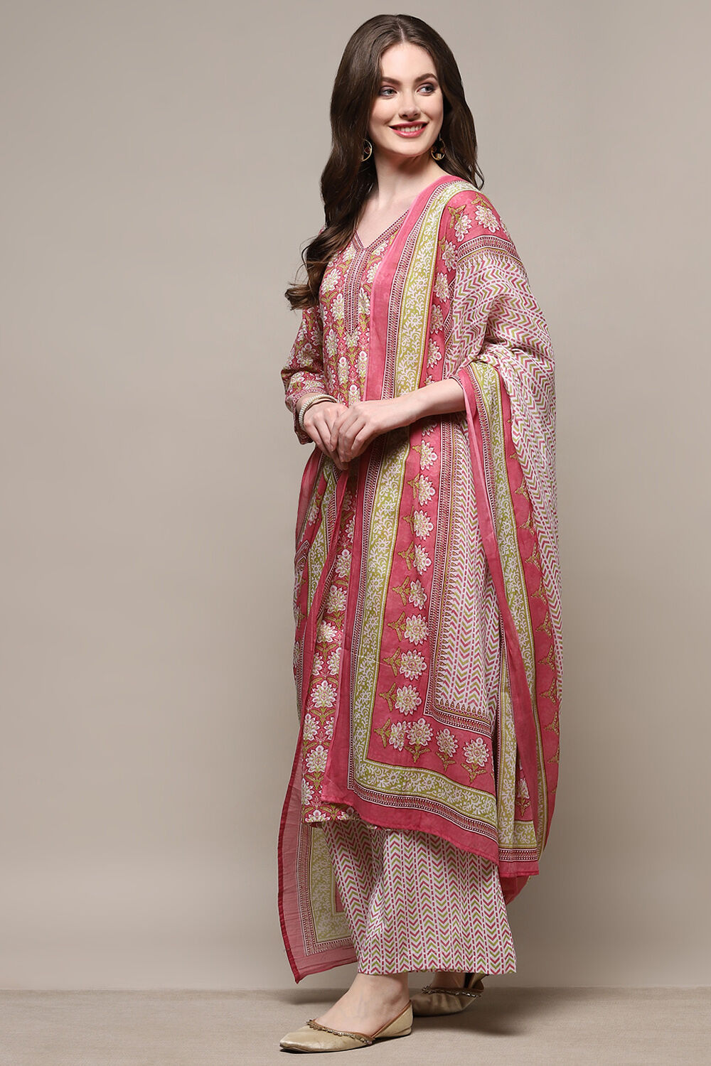 Blue Cotton Screen Printed Unstitched Suit Set image number 5