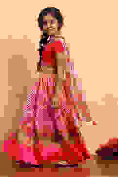 Coral Polyester Blend Short Straight Lehenga Set image number 3