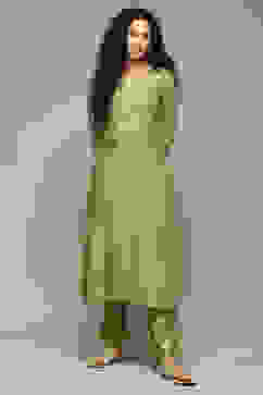 Sap Green Embroidered Straight Kurta Set image number 3