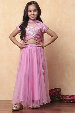 Pink Poly Chanderi Floral Festive Flared Lehenga Set image number 6
