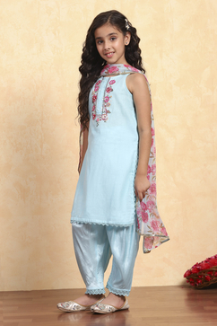 Sky Blue Polyester Straight Solid Suit Set image number 3