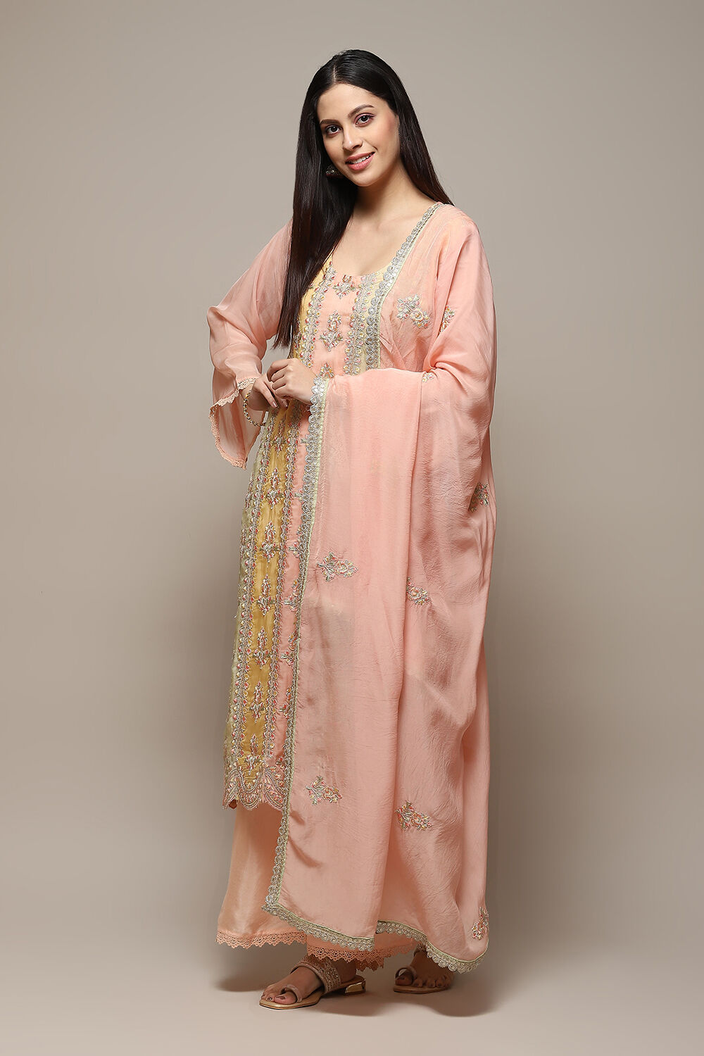 Peach Organza Printed Unstitched Suit Set image number 6