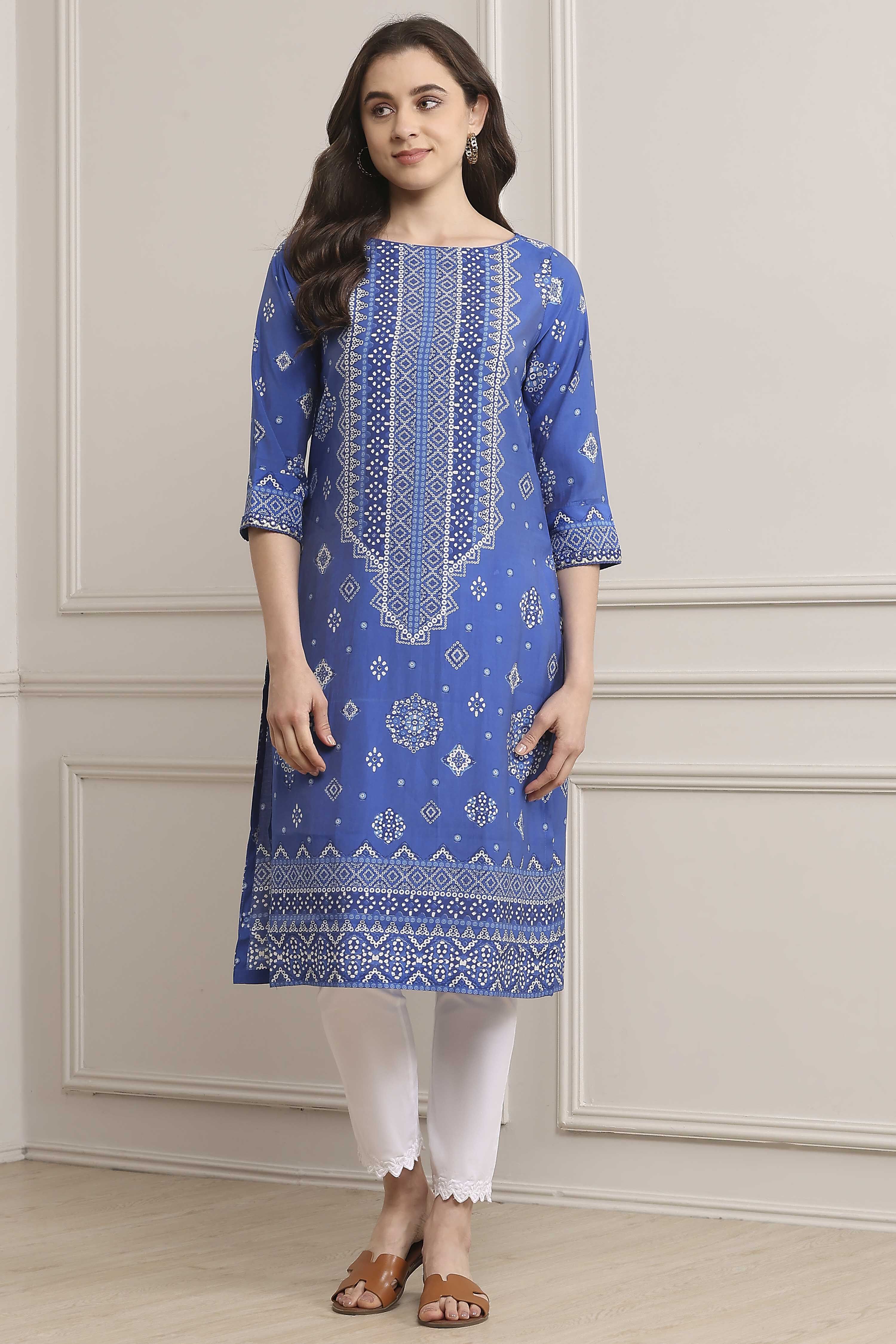 Royal Blue Rayon Straight Printed Kurta image number 5