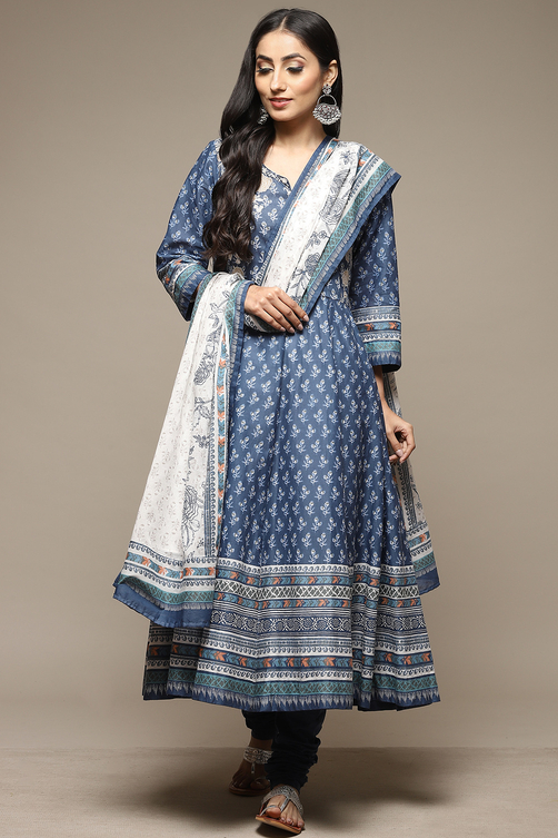 Indigo Cotton Anarkali Kurta Churidar Suit Set image number 7