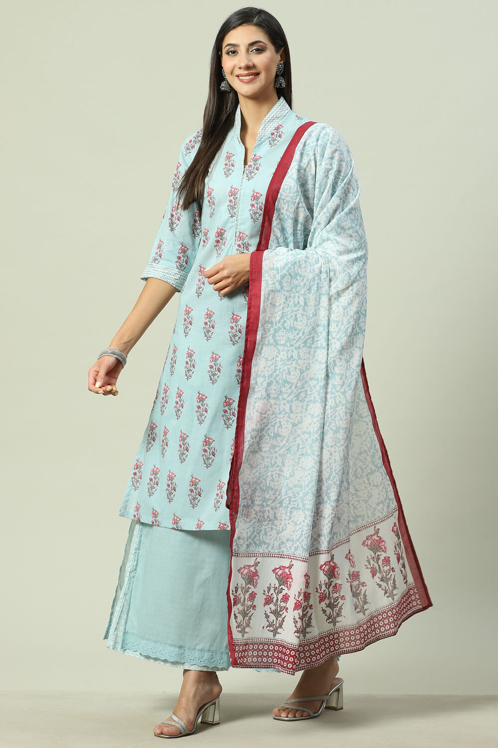 Sky Blue Cotton Straight Kurta Palazzo Suit Set image number 5