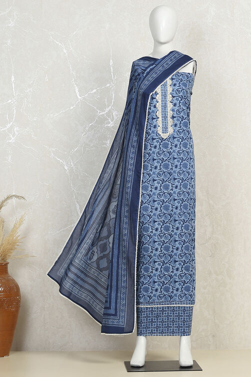 Indigo Cotton Screen Print Unstitched Suit Set image number 4