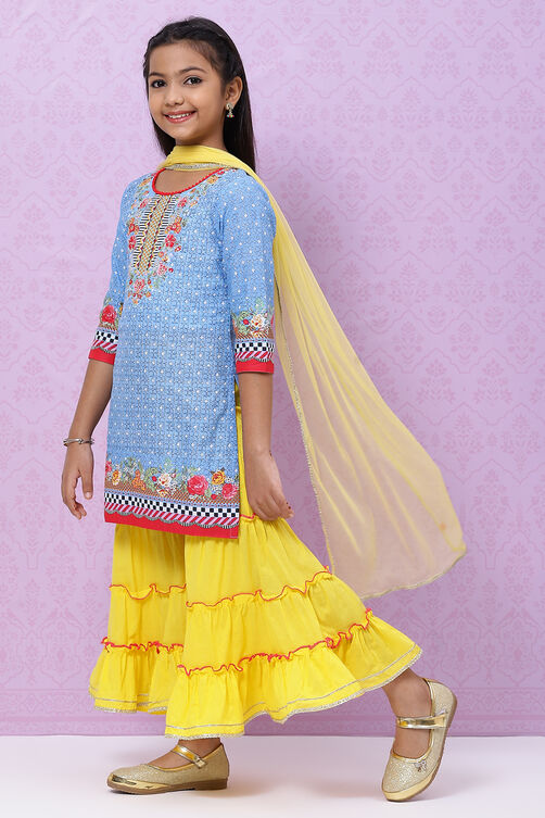 Blue Cotton Girls Straight Kurta Sharara Suit Set image number 4