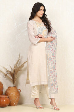 Cream Linen Blend Unstitched Suit Set image number 6
