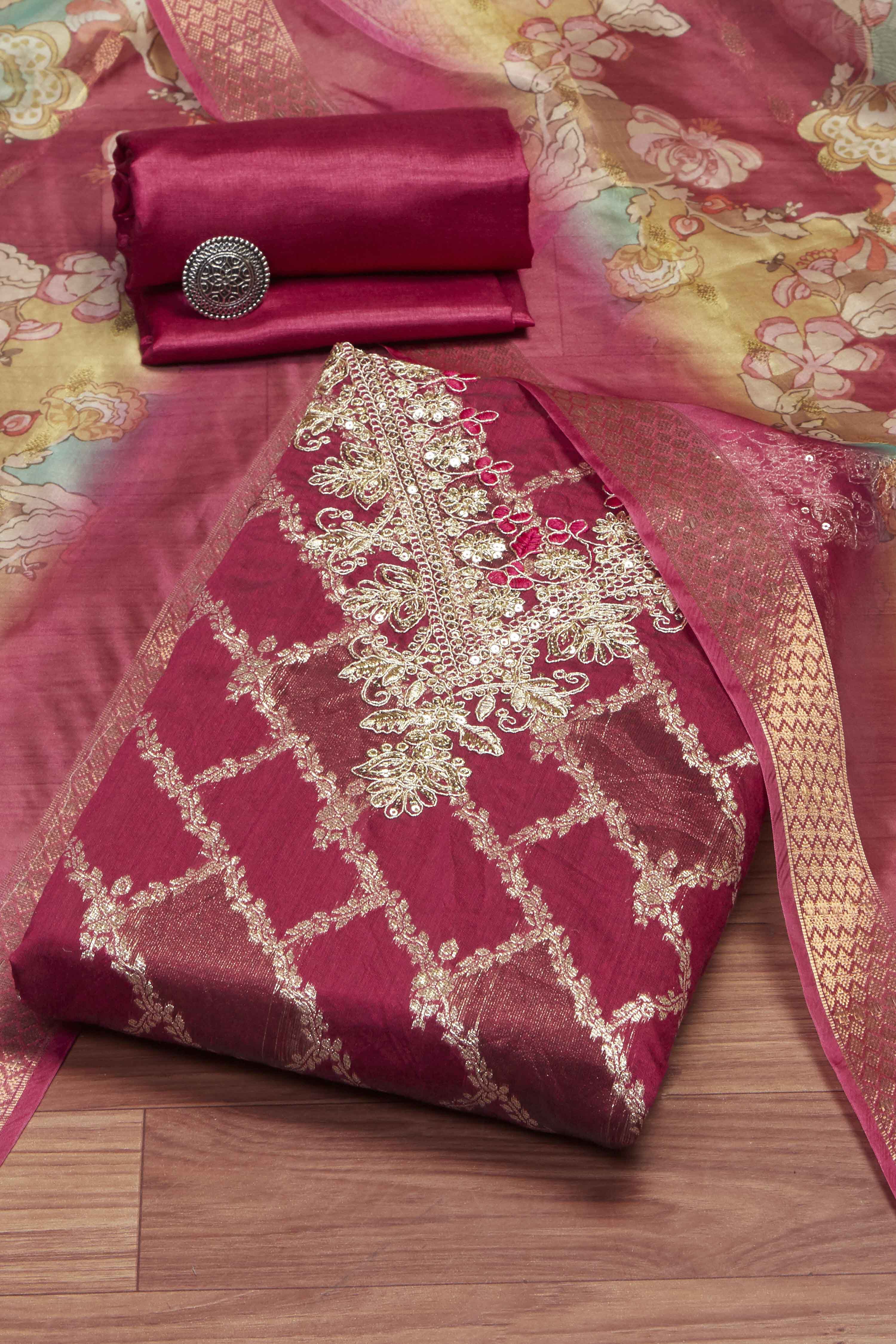 Wine Organza Unstitched Suit Set image number 0