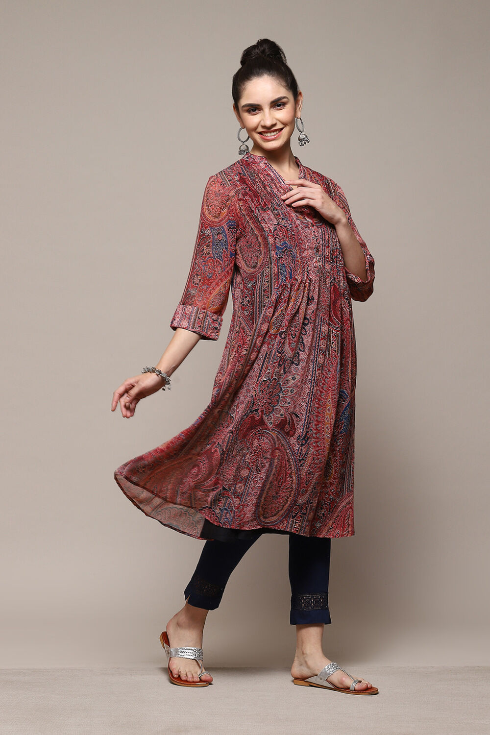 Peach & Blue Polyester Straight Printed Kurta image number 5