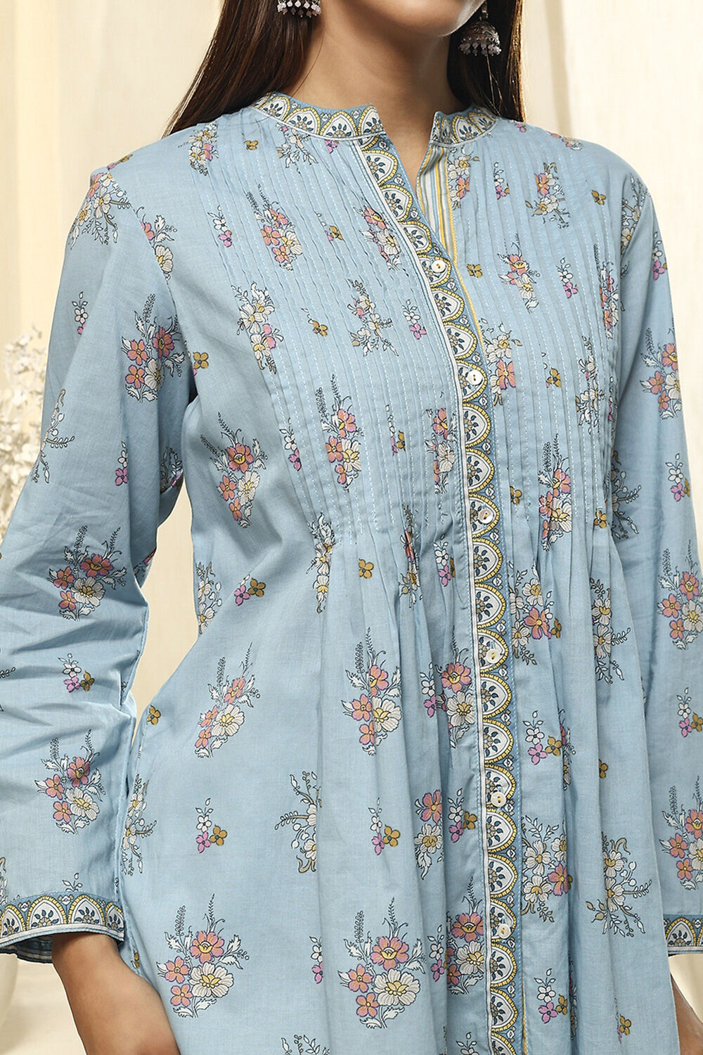 Dull Blue Floral Cotton Shirt-Style Short Kurta image number 1