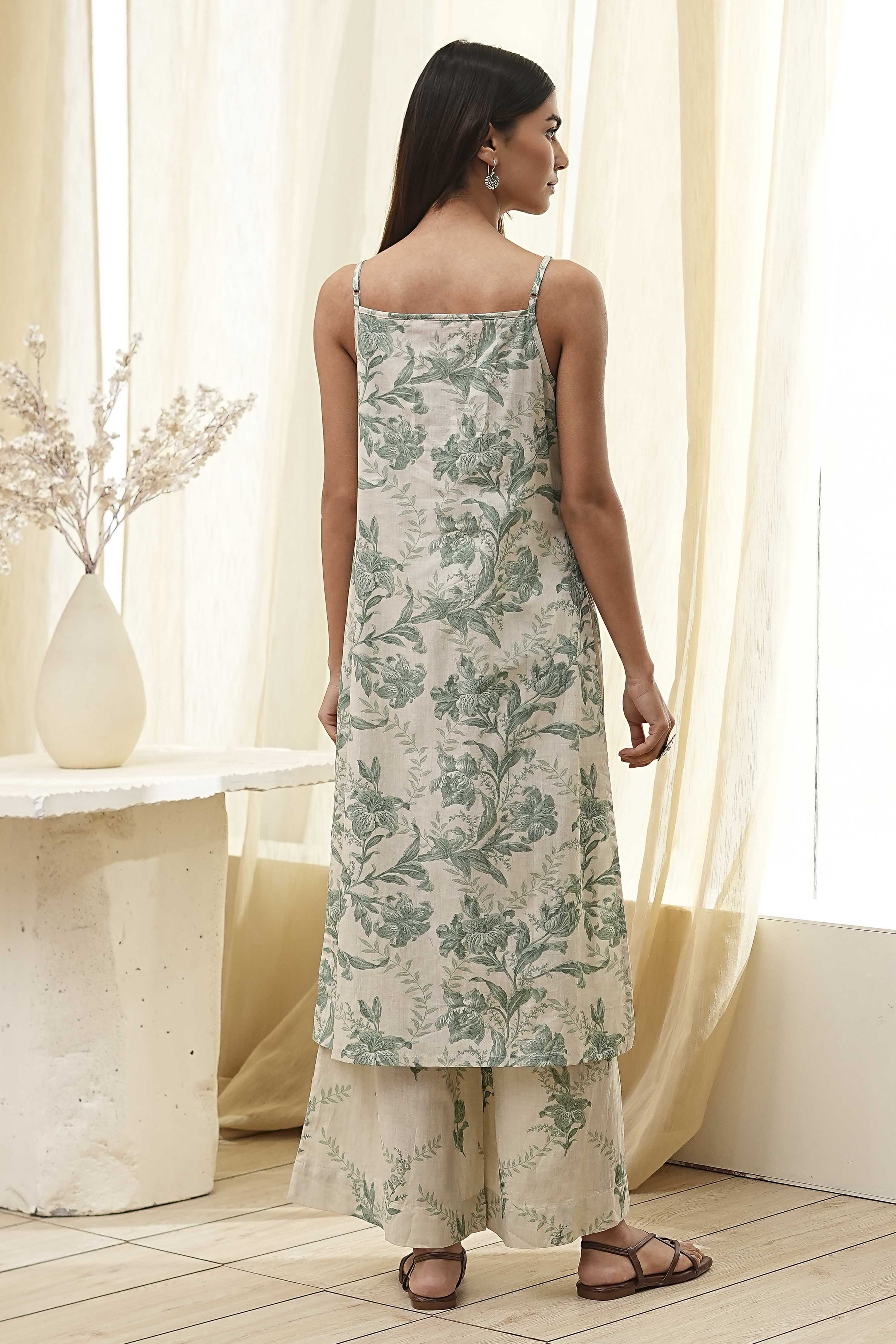 Green Cotton Floral Strappy Straight Kurta Set image number 4