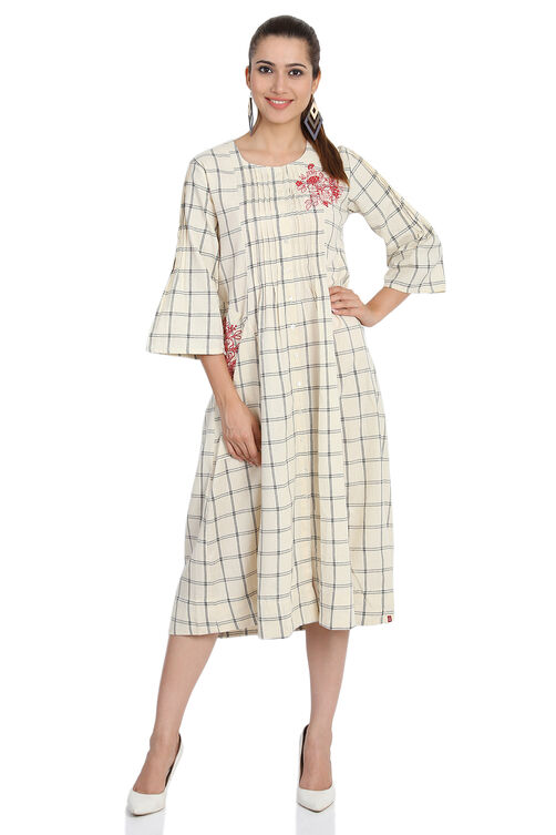 Off White A-Line Cotton Yarndyed Dress image number 0