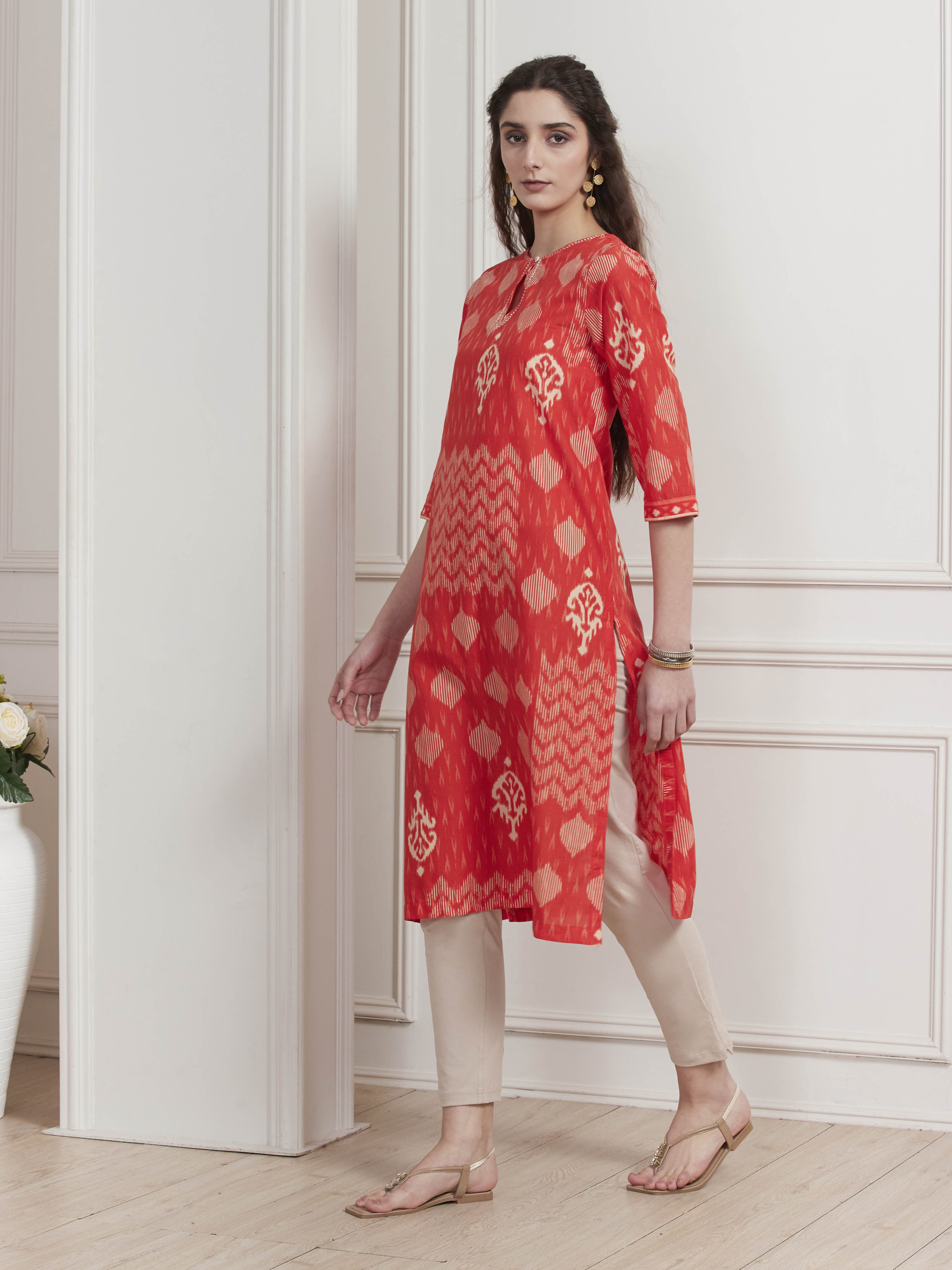 Orange Cotton Printed Straight Kurta image number 2