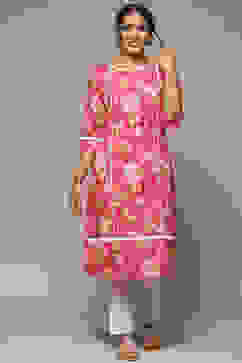 Pink Cotton Straight Printed Kurta image number 5
