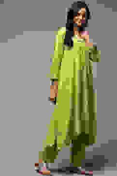 Lime Green Rayon Asymmetric Kurta Pants 2 Piece Set image number 5