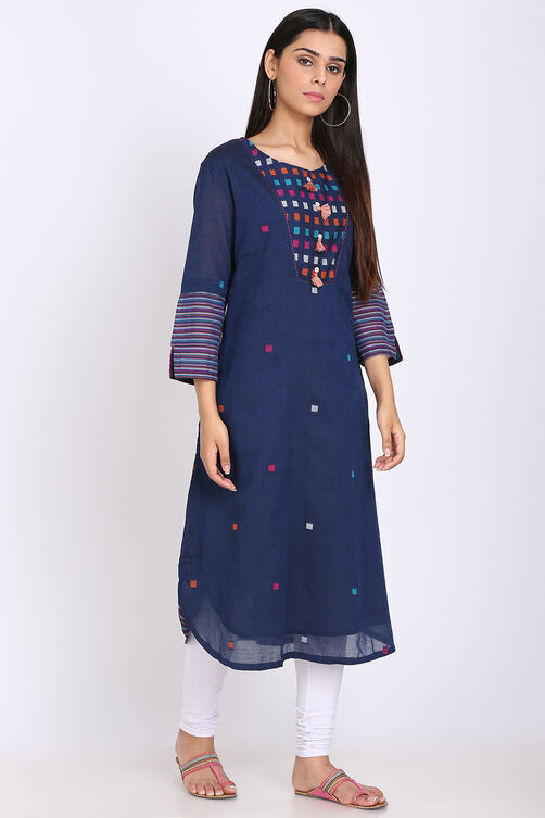 Off White Cotton Straight Yarndyed Kurta image number 3