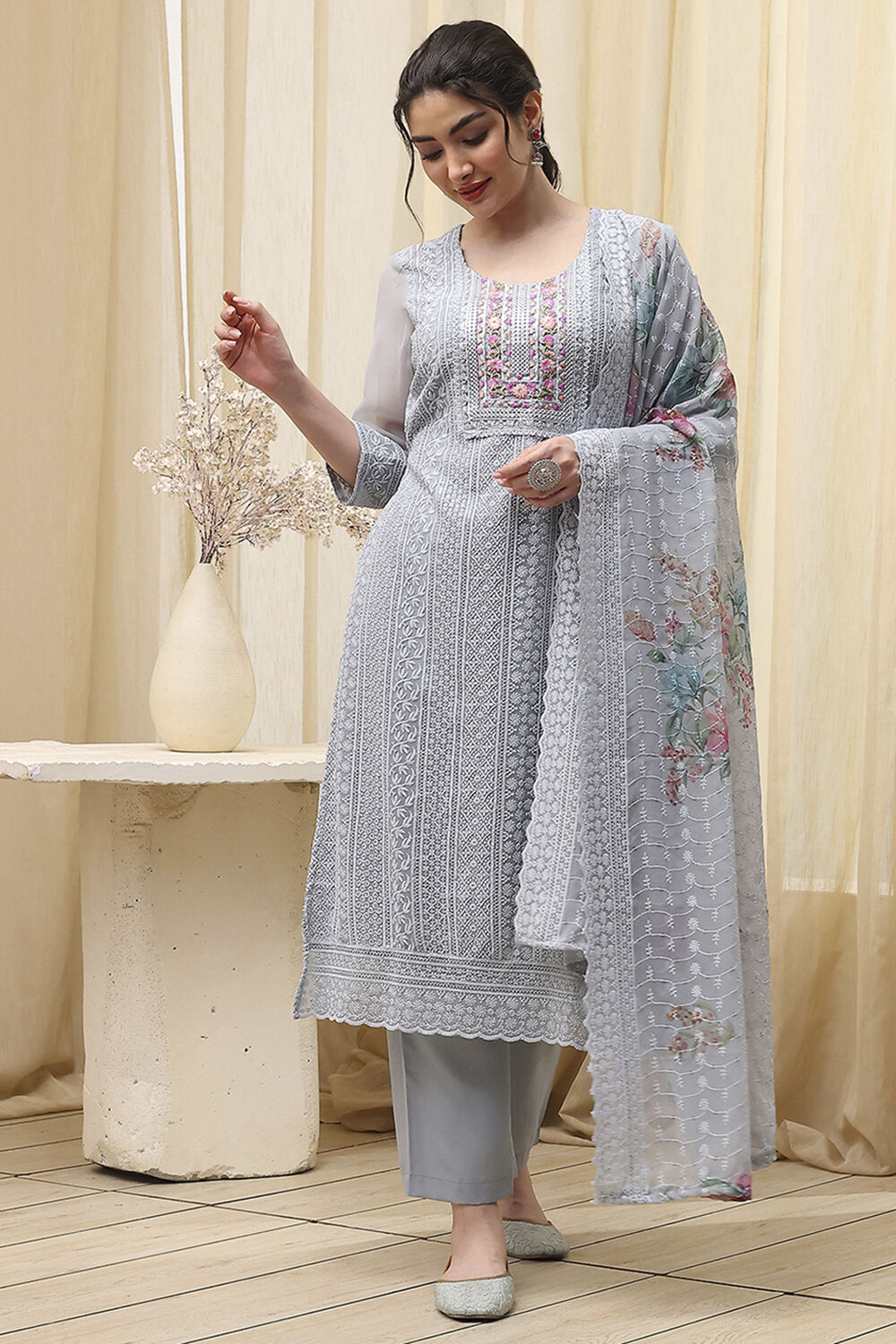 Pch Cotton Schiffly Unstitched Suit Set image number 1