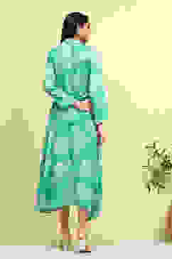 Cyan Blue Floral Printed Shirt Style A-line Dress image number 3