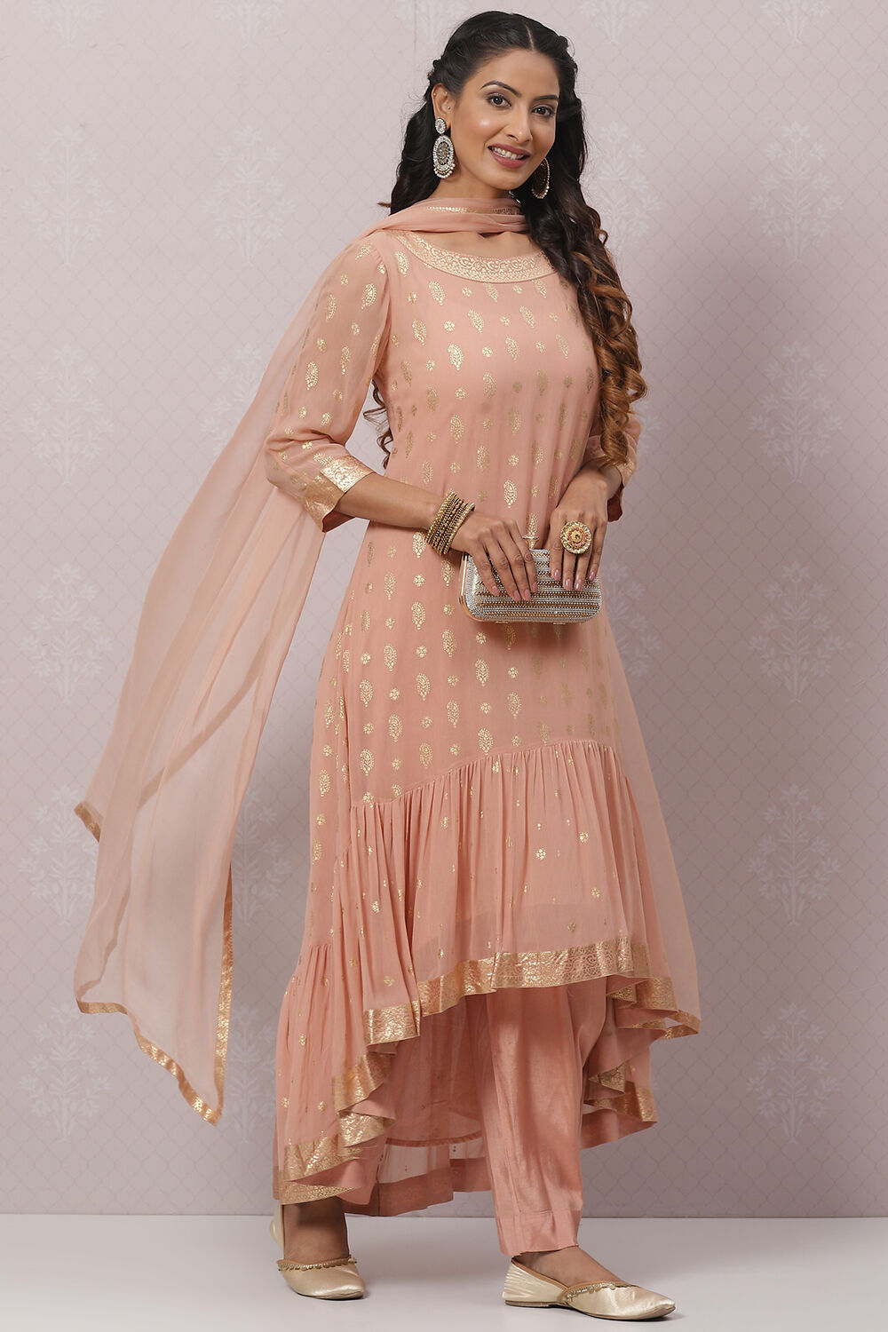 Dull Pink Art Silk Asymmetric Kurta Salwar Suit Set image number 7