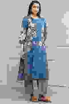 Blue Cotton Straight Suit Set image number 5