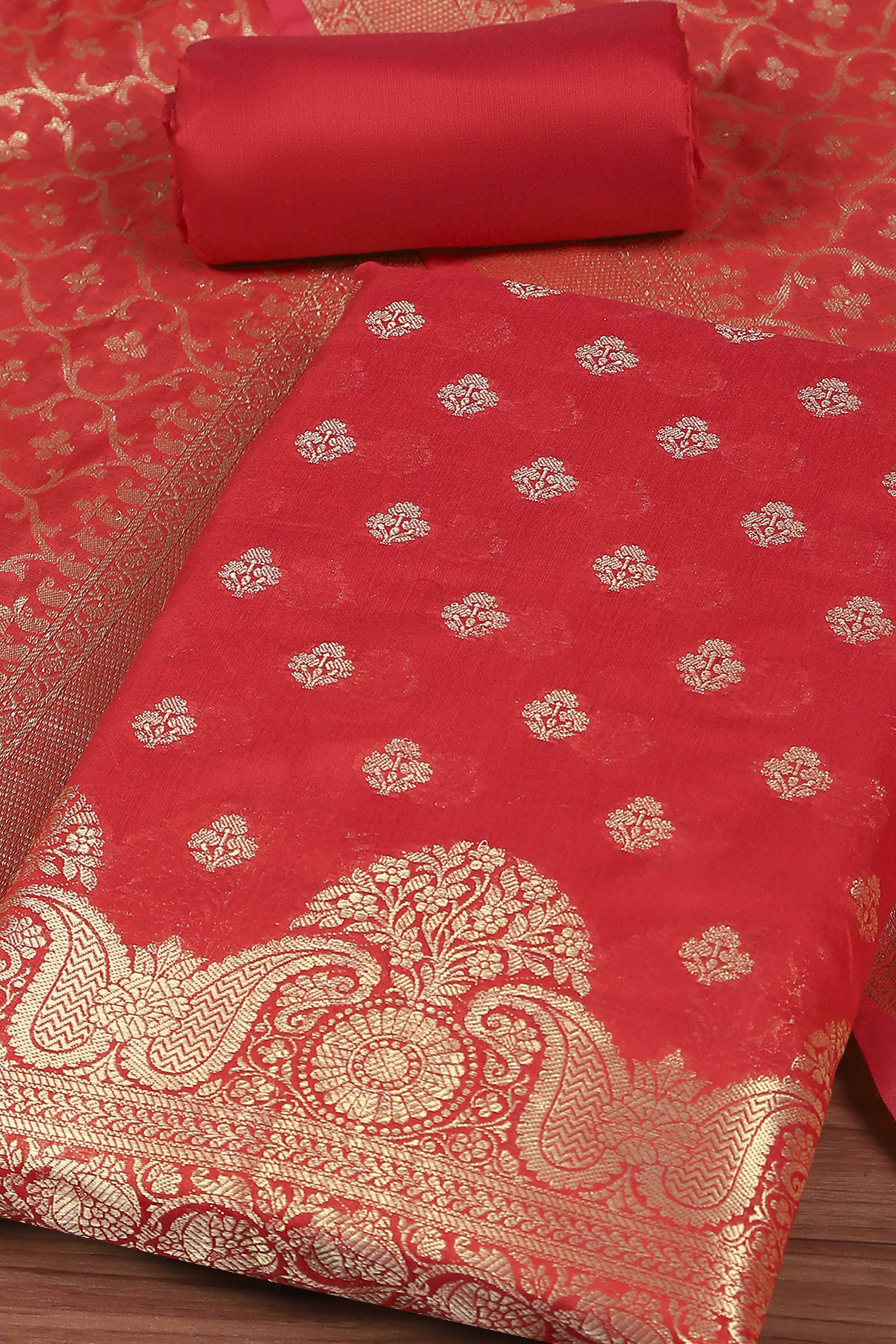 Red Cotton Printed Embroidered Unstitched Suit Set image number 1