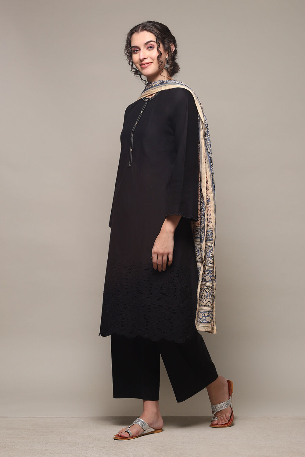 Black Cotton Straight Kurta Palazzo Suit Set image number 5