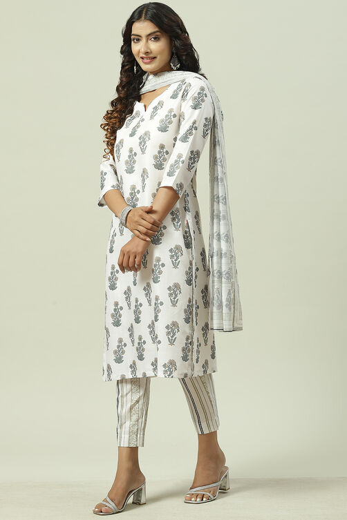 Off White Linen Digital Print Unstitched Suit Set image number 5