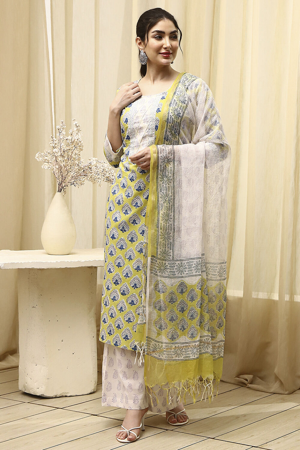 Slate Blue Cotton Hand Block Print Unstitched Suit Set image number 1