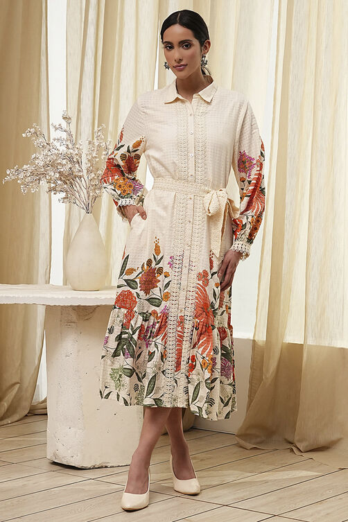 Beige Cotton Floral Shirt-Style Flared Dress image number 5