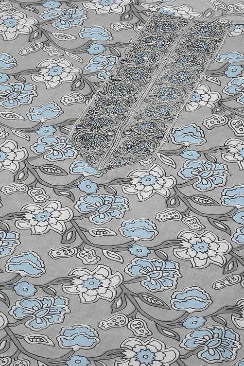 Grey Cotton Hand Block Print Unstitched Suit Set image number 15