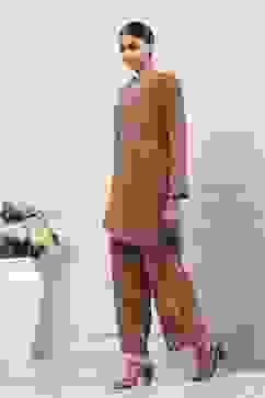 Ochre Yellow Polyester Printed Kurta Pants Set image number 3