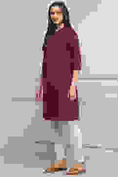 Wine Cotton Solid Straight Kurta image number 2