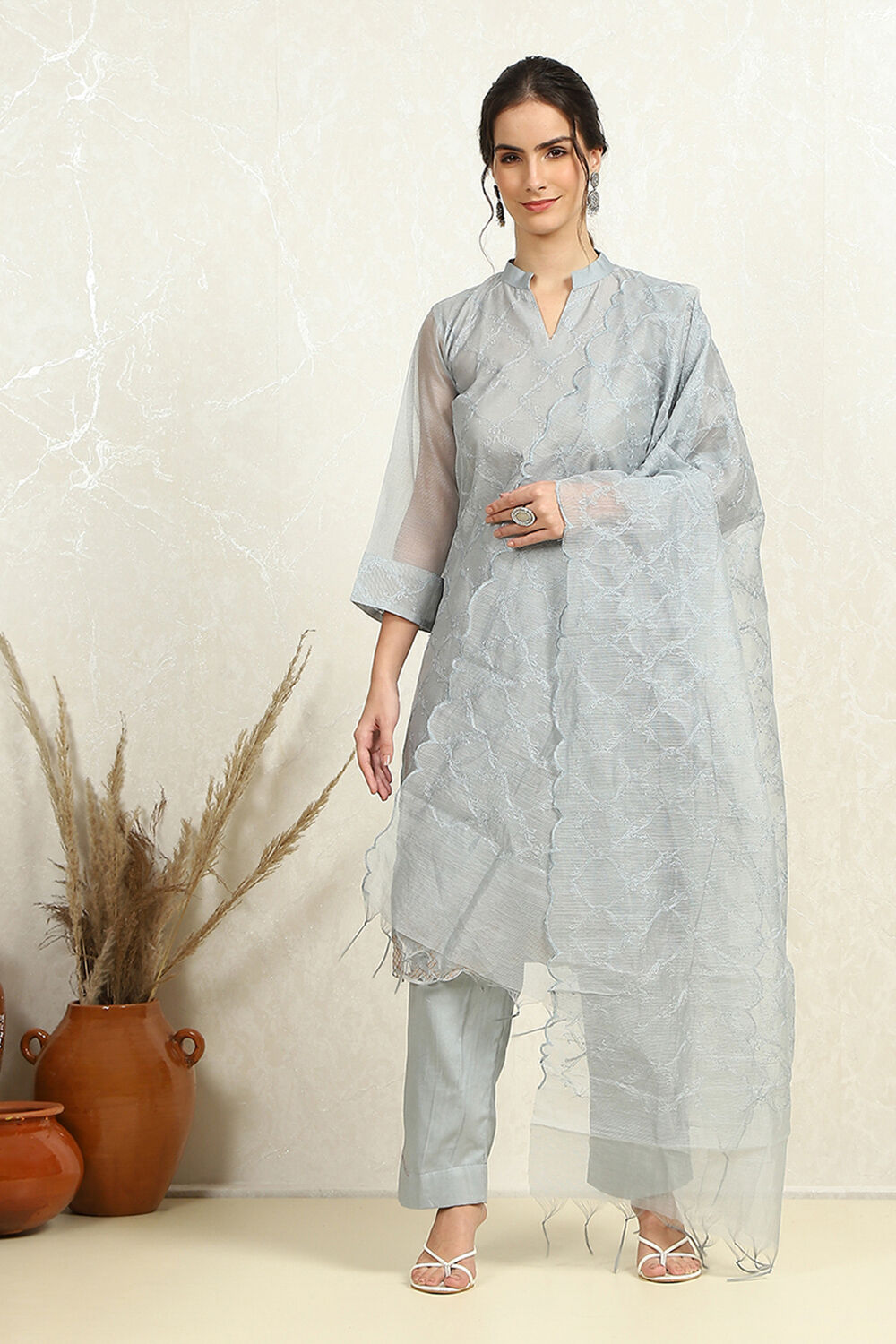 Grey Floral Thread Work Unstitched Suit Set image number 1