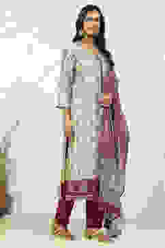 Red Silk Blend Digital Print Unstitched Suit Set image number 6