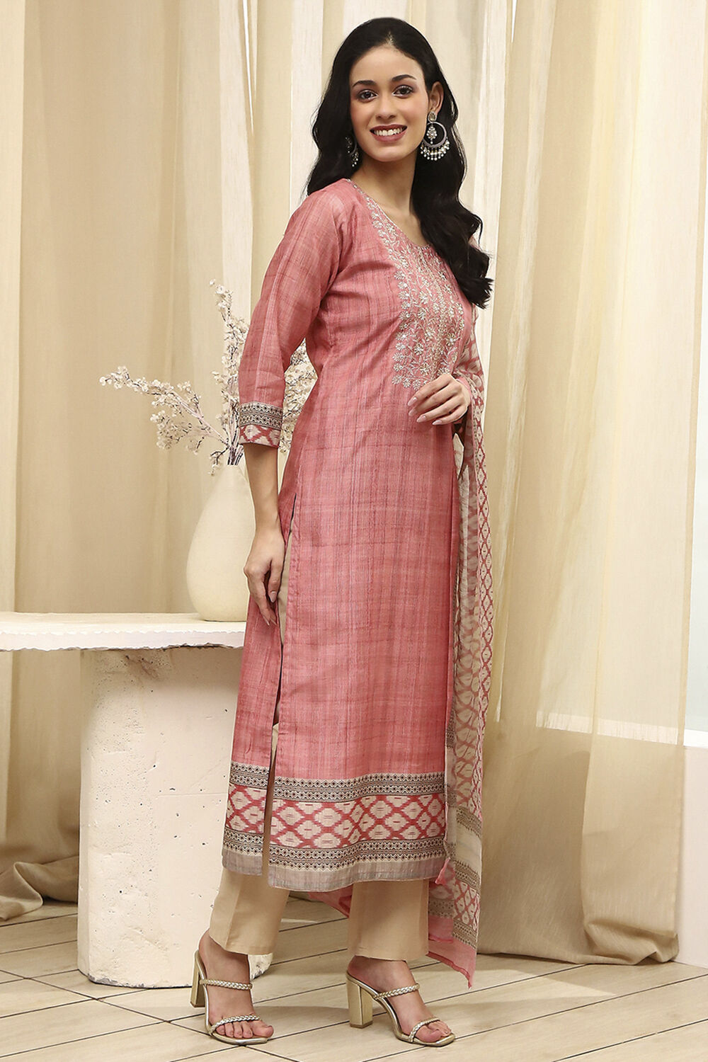 Peach Cotton Screen Print Unstitched Suit Set image number 6