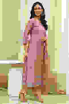 Peach Cotton Screen Print Unstitched Suit Set image number 6