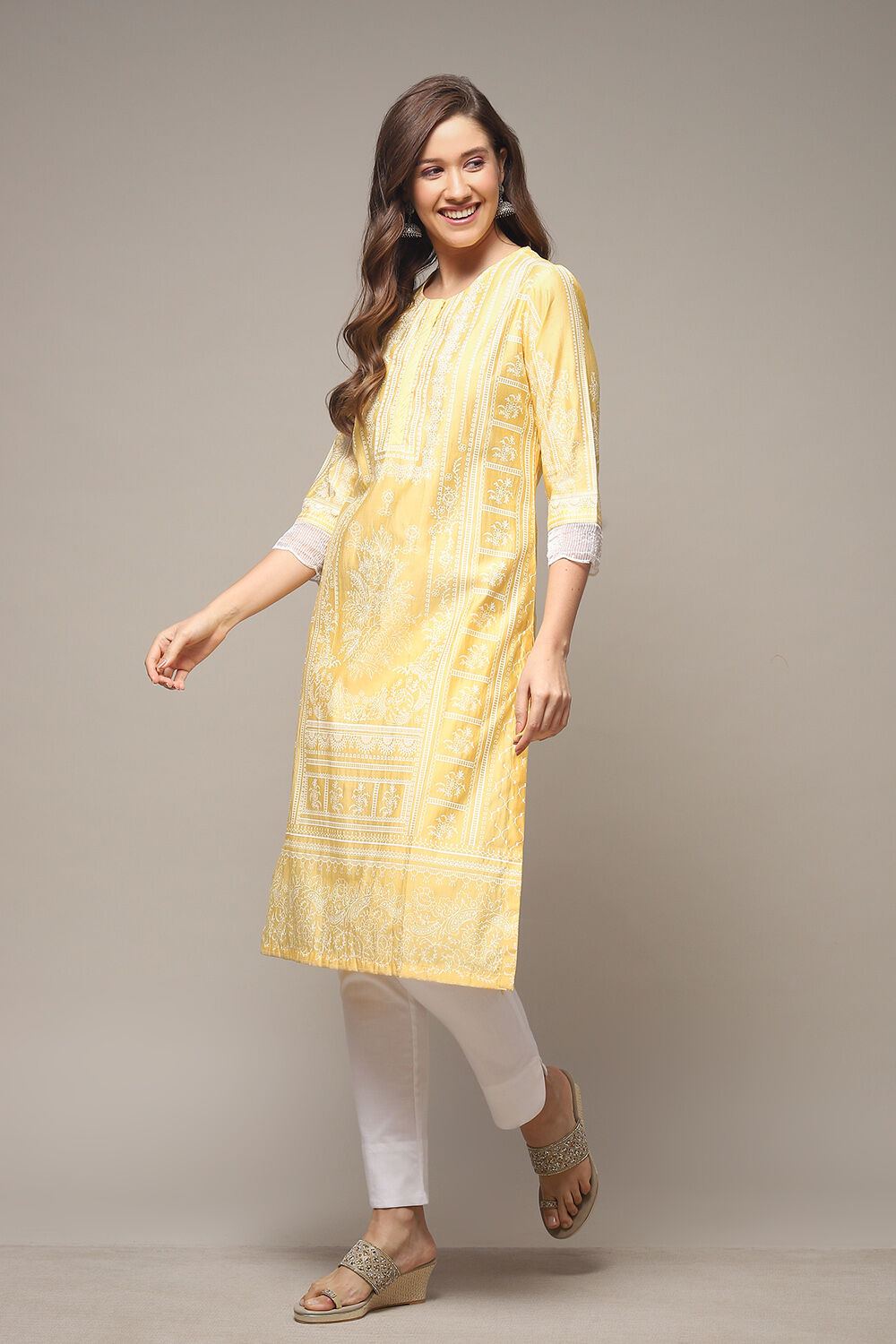 Yellow Viscose Straight Printed Kurta image number 0