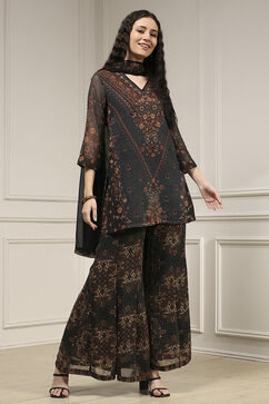 Charcoal Black Polyester Straight Printed Sharara Suit Set image number 5