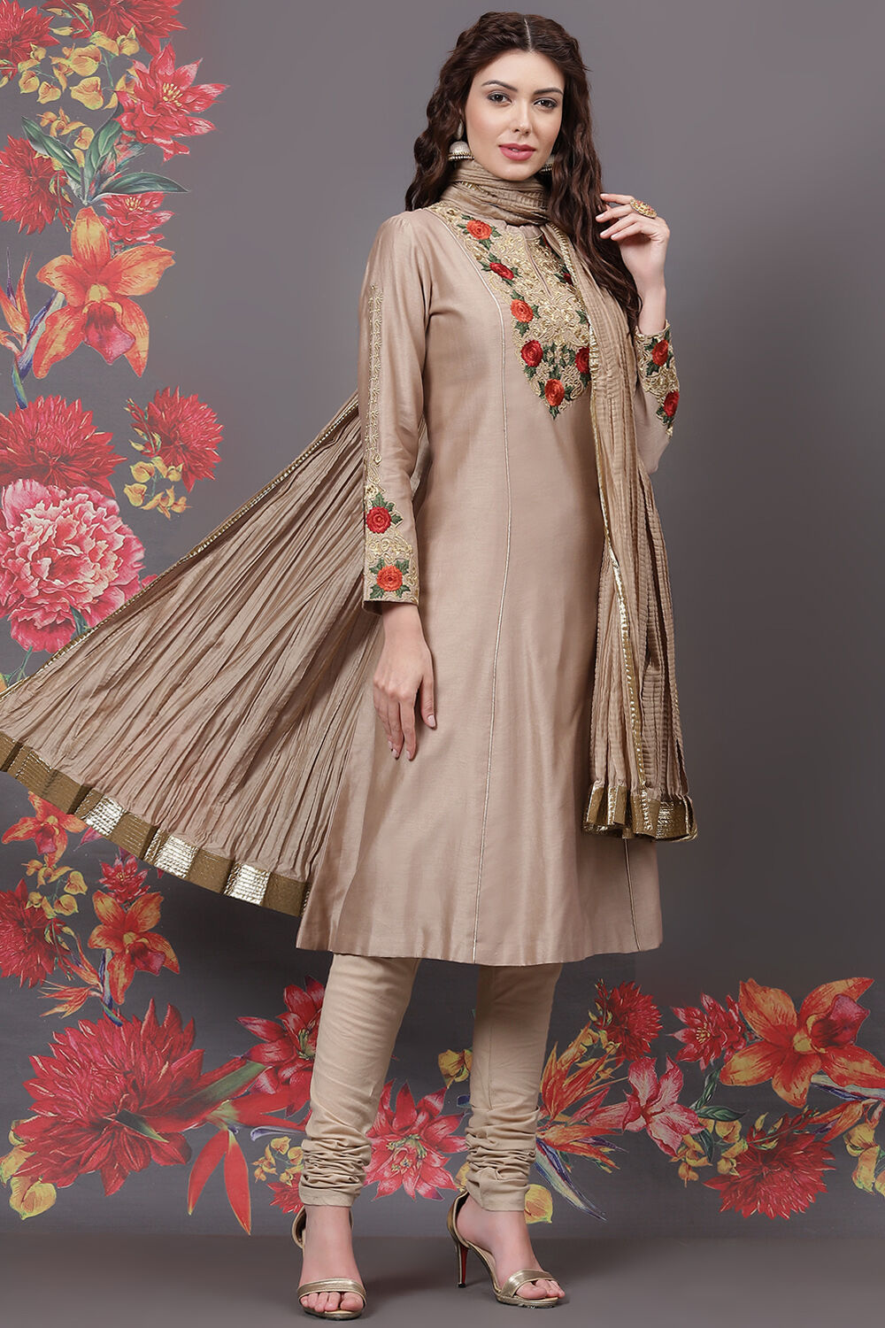 Beige Silk & Cotton Flared Kurta Suit Set image number 6