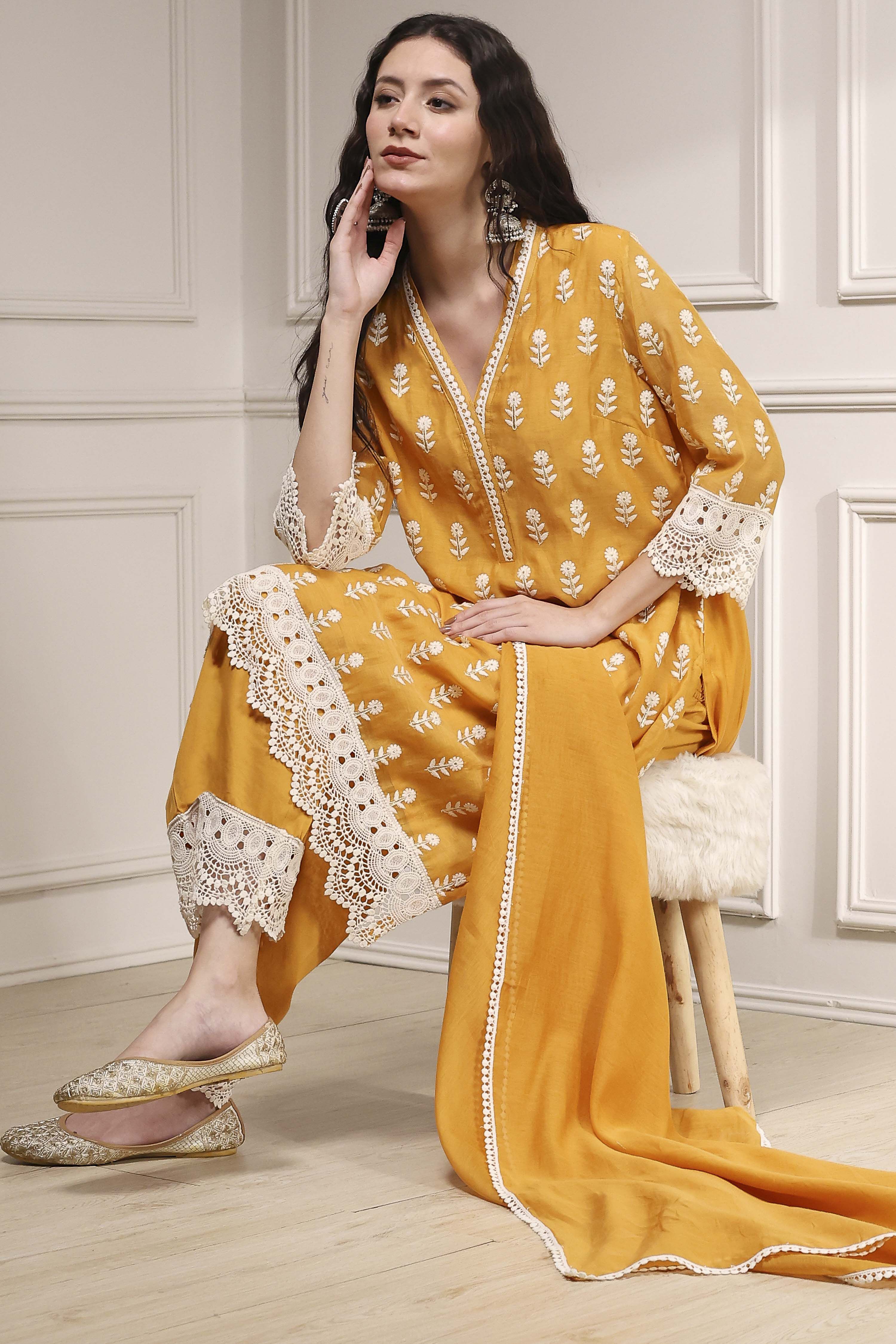Ochre Yellow Chanderi Straight Suit Set image number 0